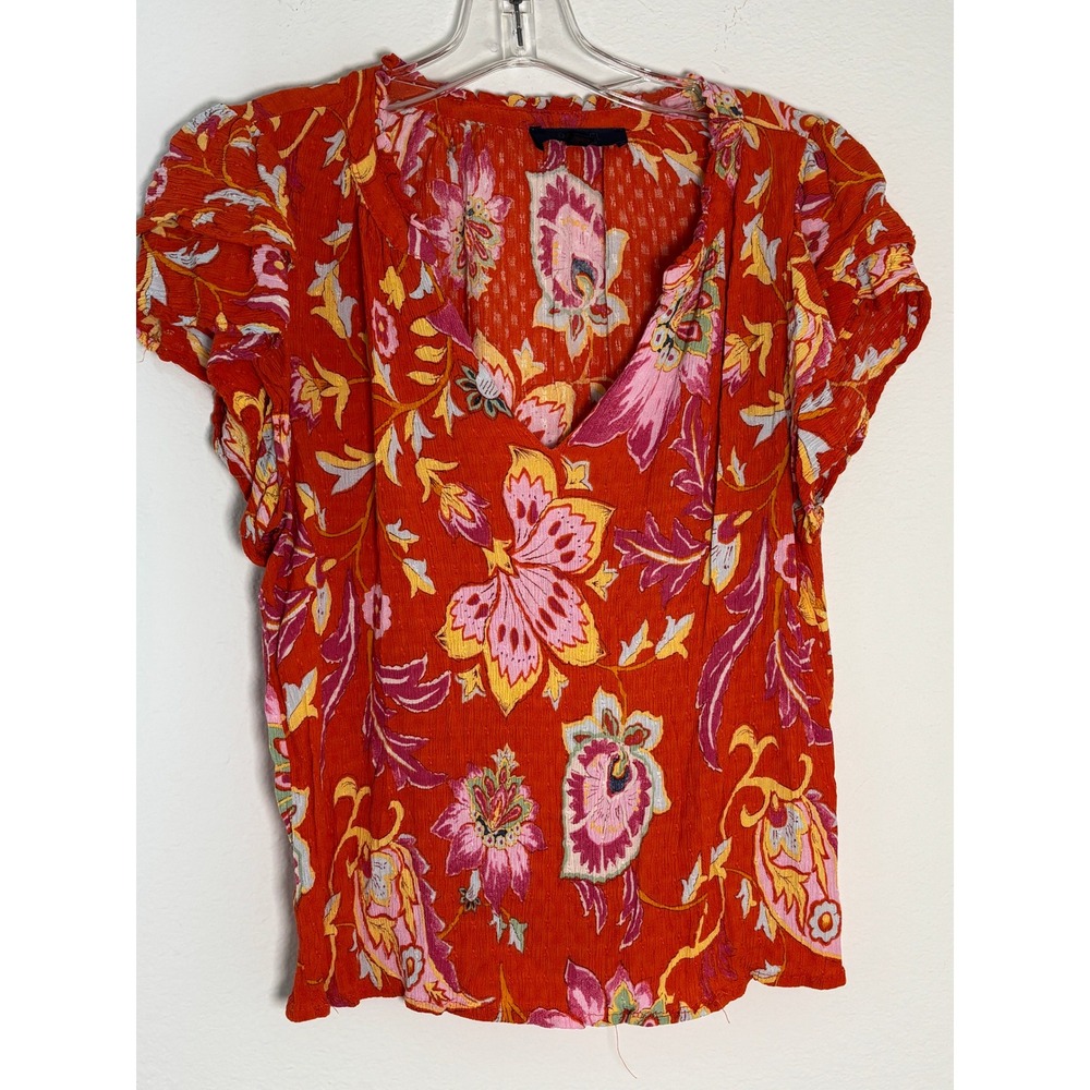 Rachel Rachel Roy Orange Floral Flutter Sleeve V-Neck Blouse Top Large Boho